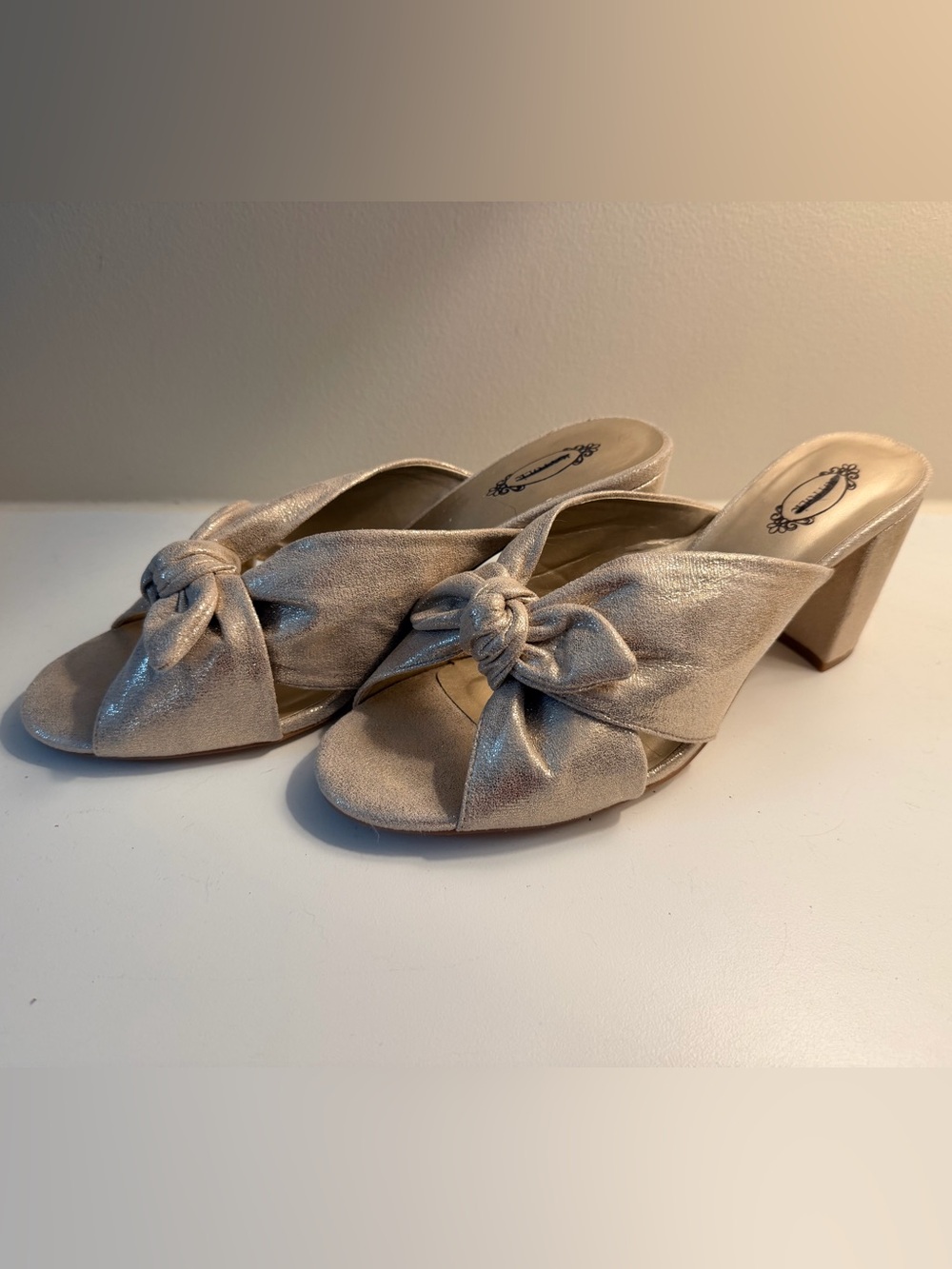 Women's Sz10 Knot-Front Metallic Slide Heels - Champagne by Joyfolie